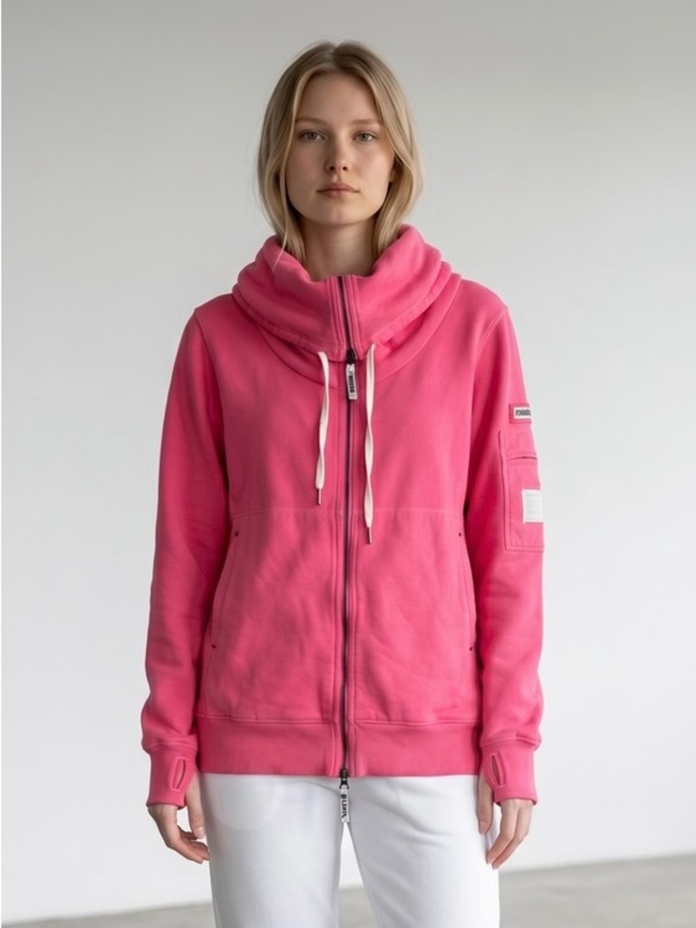 Thumb United Hot Pink Funnel Neck Zip Hoodie Sweatshirt Thumbhole Cuffs Woman